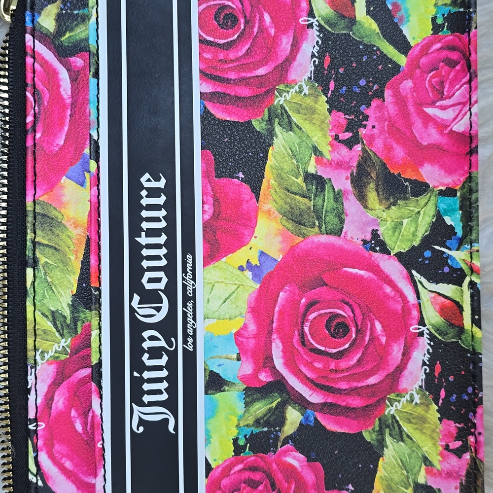 Juicy Couture Black Multi Rose Gothic Logo Stripe Wristlet Wallet Floral Flowers - Picture 3 of 9